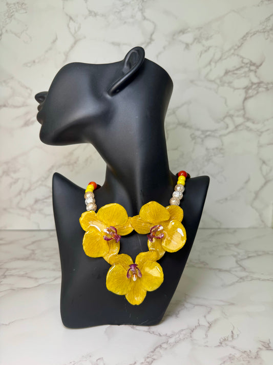 Triple Yellow Orchids Necklace- Real Orchid Necklace – Natural Flower Preserved in Resin