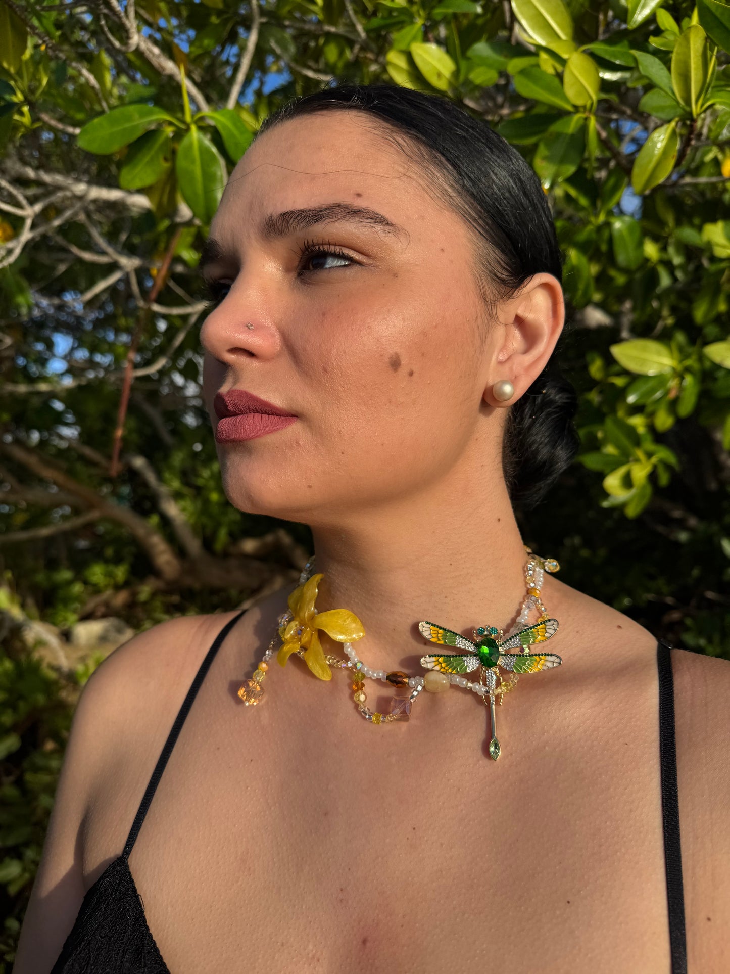 Golden Orchid Dragonfly Necklace