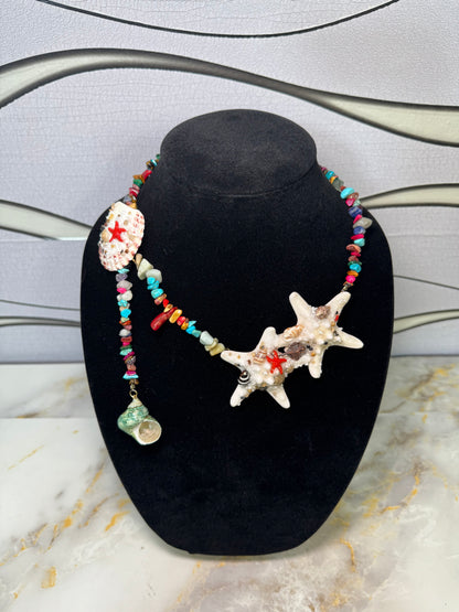 White Starfish, Seashell & Rock Crystal Necklace