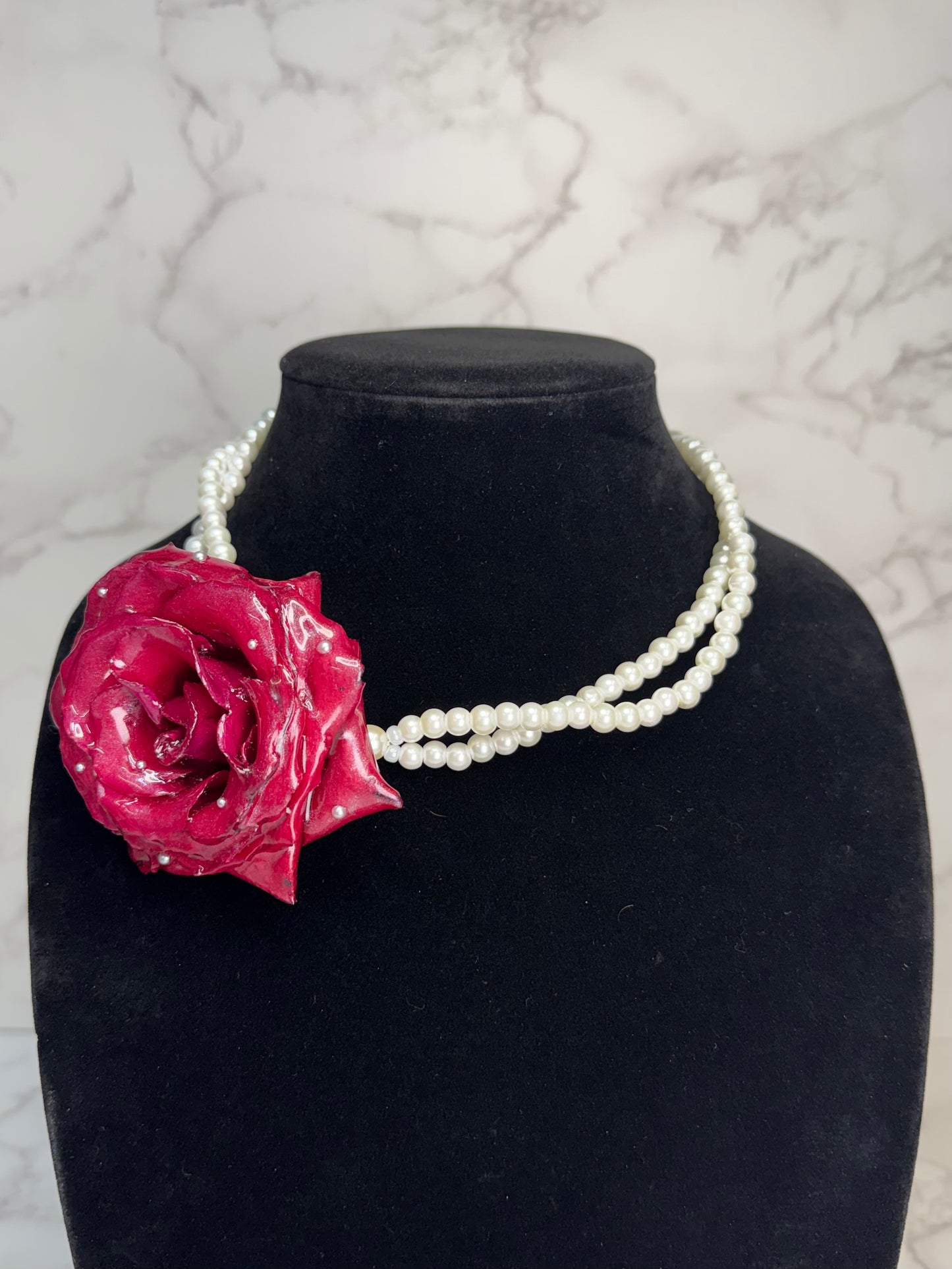 Rose Handmade Real Red Rose Necklace | Preserved Flower Jewelry with Crystal Pearl Beads | Made in USA