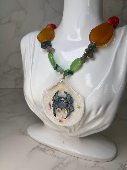 Turquoise Crab with Pink Accents Shell Necklace - Encapsulated in Real Shell with UV Resin