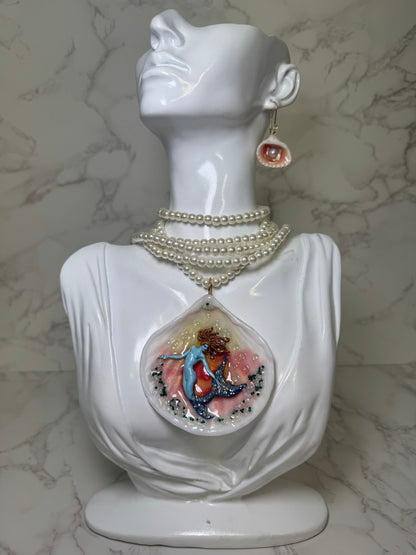 Coral Mermaid Sea Shell Necklace Set– Mermaid in Shell with UV Resin