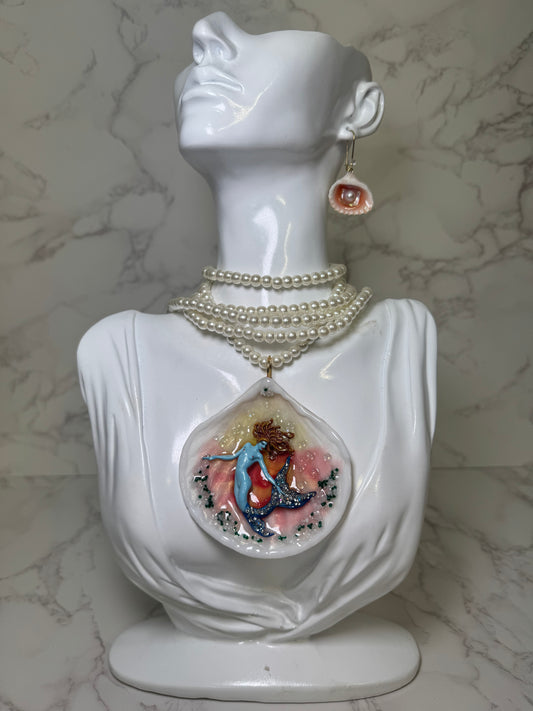 Coral Mermaid Sea Shell Necklace Set– Mermaid in Shell with UV Resin