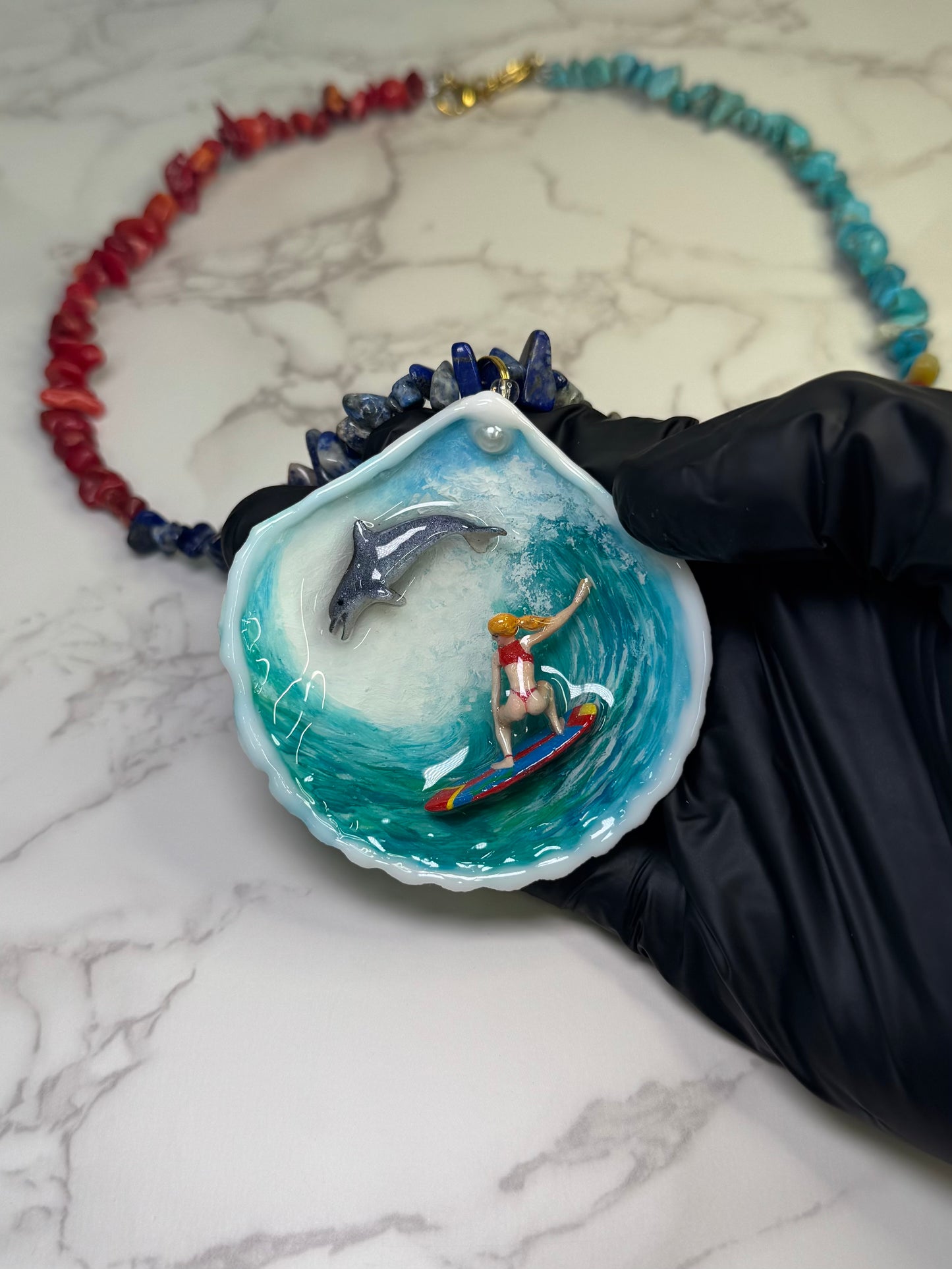 The Surfer and The Dolphin Shell Necklace - Encapsulated in Real Shell with UV Resin