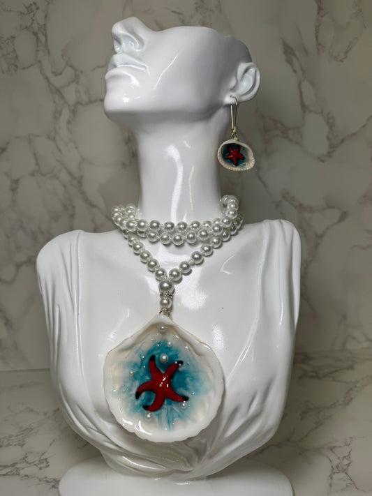 Set Beautiful Red  Handmade Red Starfish Necklace with Black Tips Encapsulated in Real Shell with UV Resin