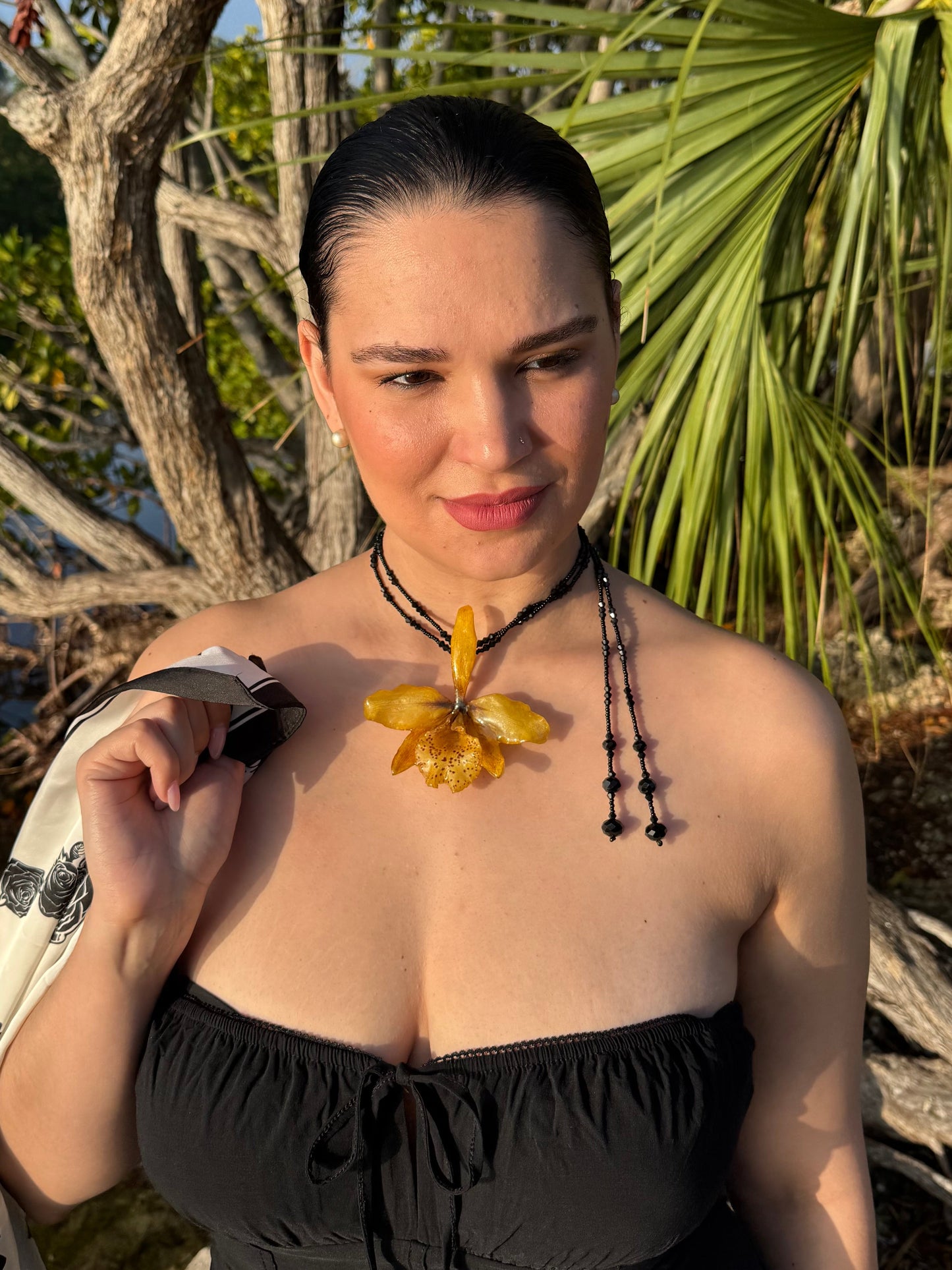 Crimson Spotted Golden Cattleya Mini Yellow Cattleya Orchid Necklace – Long Black Crystal Double Wrap Necklace