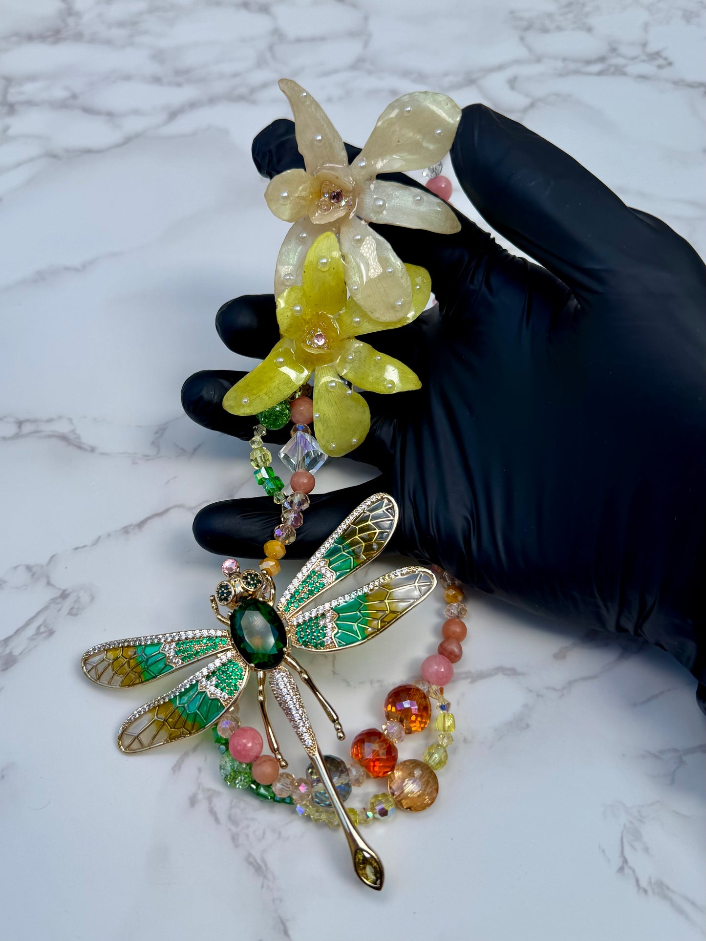 Golden Dragonfly Yellow Orchid with Dragonfly – Green & Clear Crystal Necklace | Handmade Floral Jewelry
