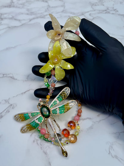Golden Dragonfly Yellow Orchid with Dragonfly – Green & Clear Crystal Necklace | Handmade Floral Jewelry