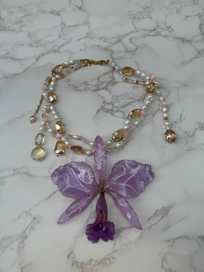 Blush Lavender Cattleya Natural Purple Cattleya Orchid Necklace – Freshwater Pearls & Crystal Beads
