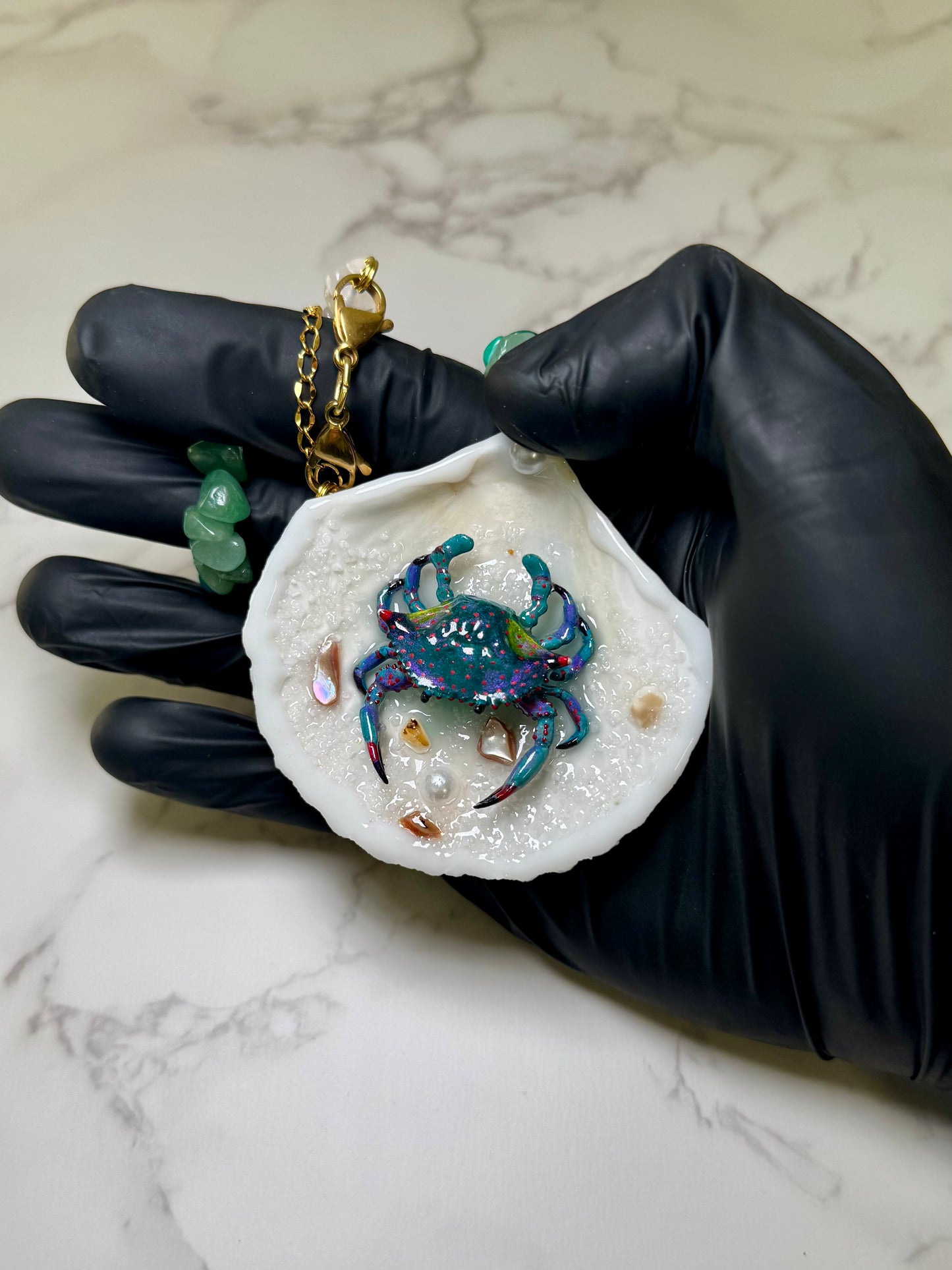 Turquoise Crab with Pink Accents Shell Necklace - Encapsulated in Real Shell with UV Resin