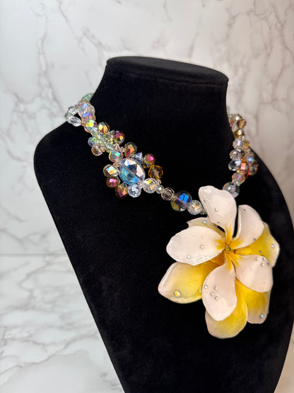 Lucy White & Yellow Clear Plumeria Flowers Crystal Necklace | Handmade Floral Jewelry