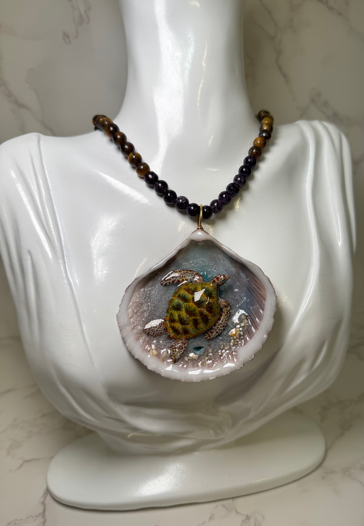Green Sea Turtle Handmade Sea Turtle Necklace Encapsulated in Real Shell with UV Resin on Fine Colored Crystal Beads