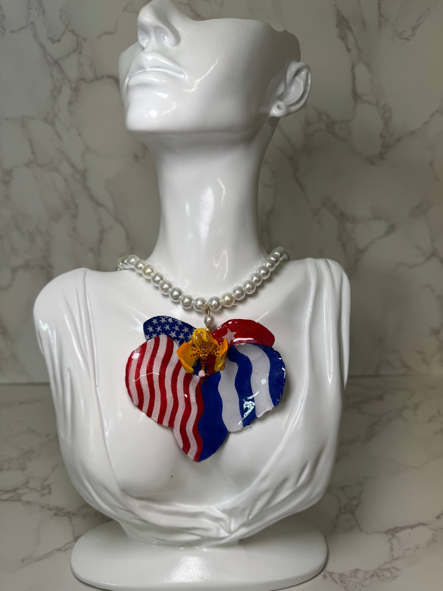 Cuban American Orchid Necklace Real Orchid Necklace with Cuban and American Flag – Preserved in UV Resin