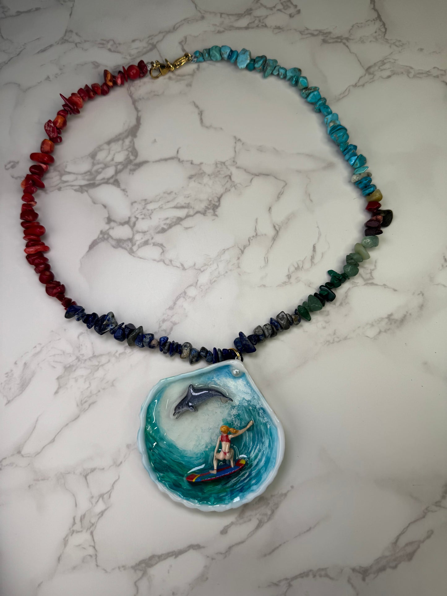The Surfer and The Dolphin Shell Necklace - Encapsulated in Real Shell with UV Resin