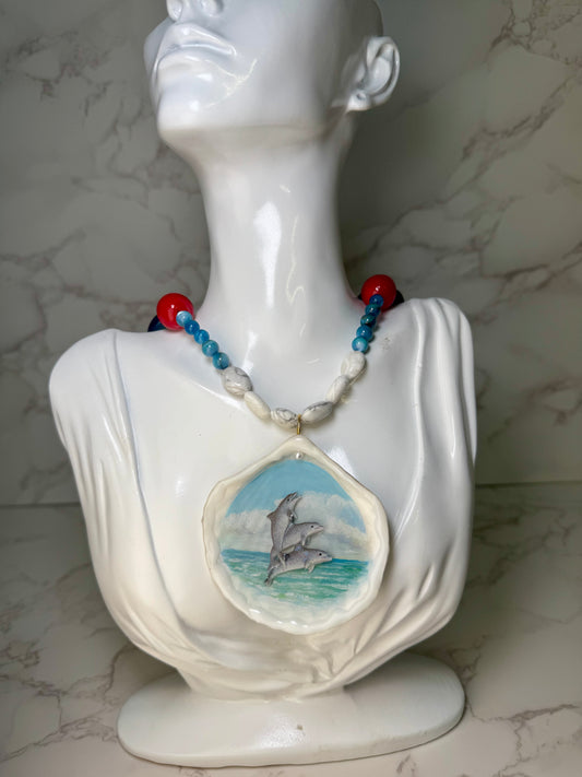 Three Dolphins Necklace Resin‑Encased Handmade Trio of Dolphins Necklace Encapsulated in Real Shell with UV Resin on Fine Colored Crystal Beads