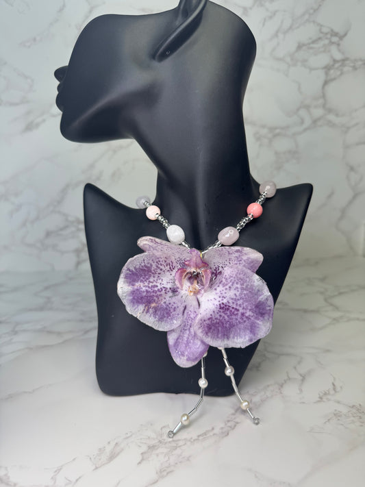 White & Purple Orchid Resin Necklace