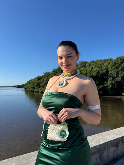 Caelara – LIMITED EDITION – NYFW EXHIBITION PIECE Natural Seashell Art Necklace with Hand-Carved Green Mermaid, Pearl and Crystal Details, Green and Amber Beaded Crystal Necklace