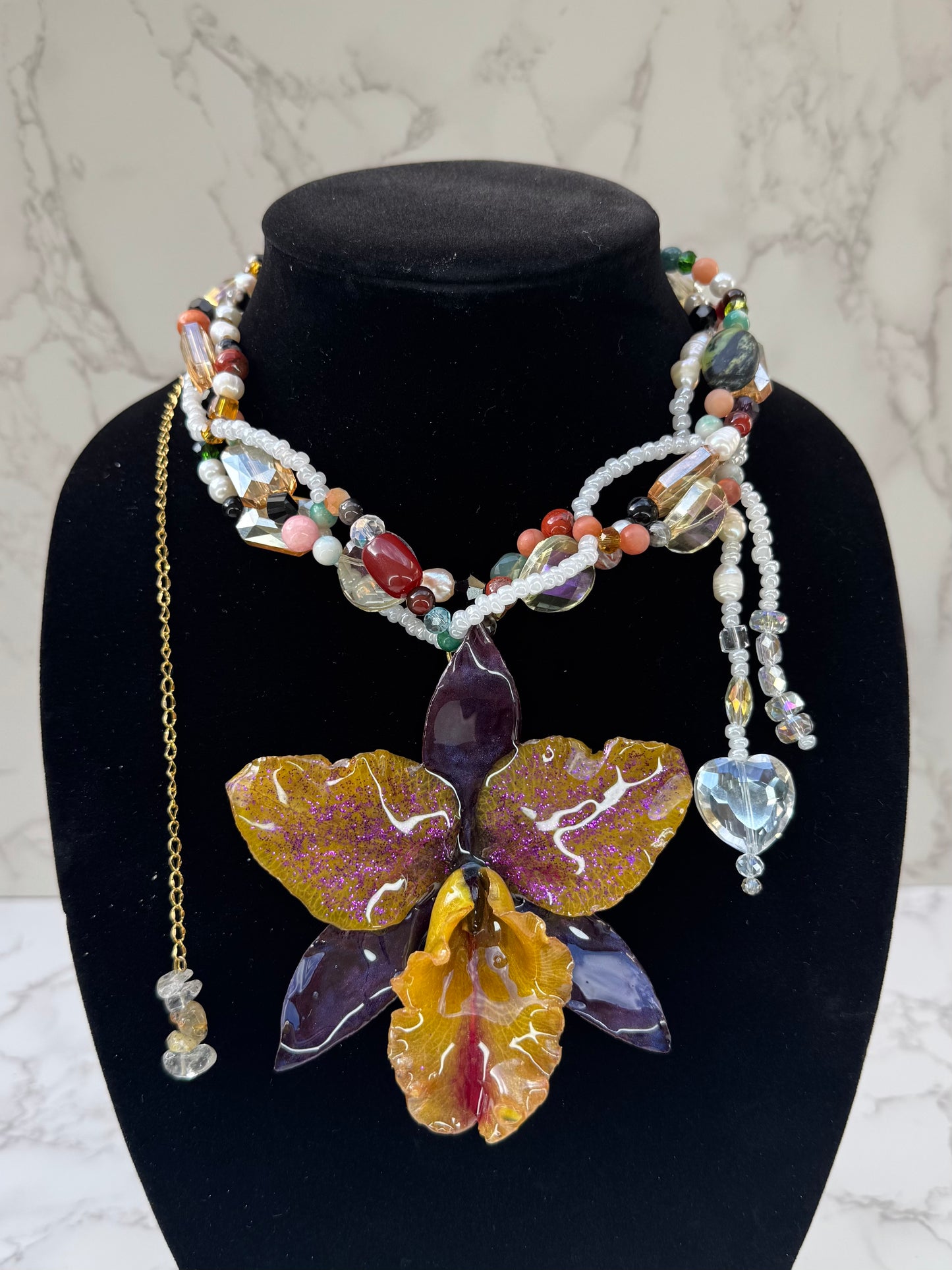 Aurora Carnival Cattleya Golden Cattleya Orchid Necklace – Purple Iridescent Petals & Multicolor Crystal & Gemstone Beads
