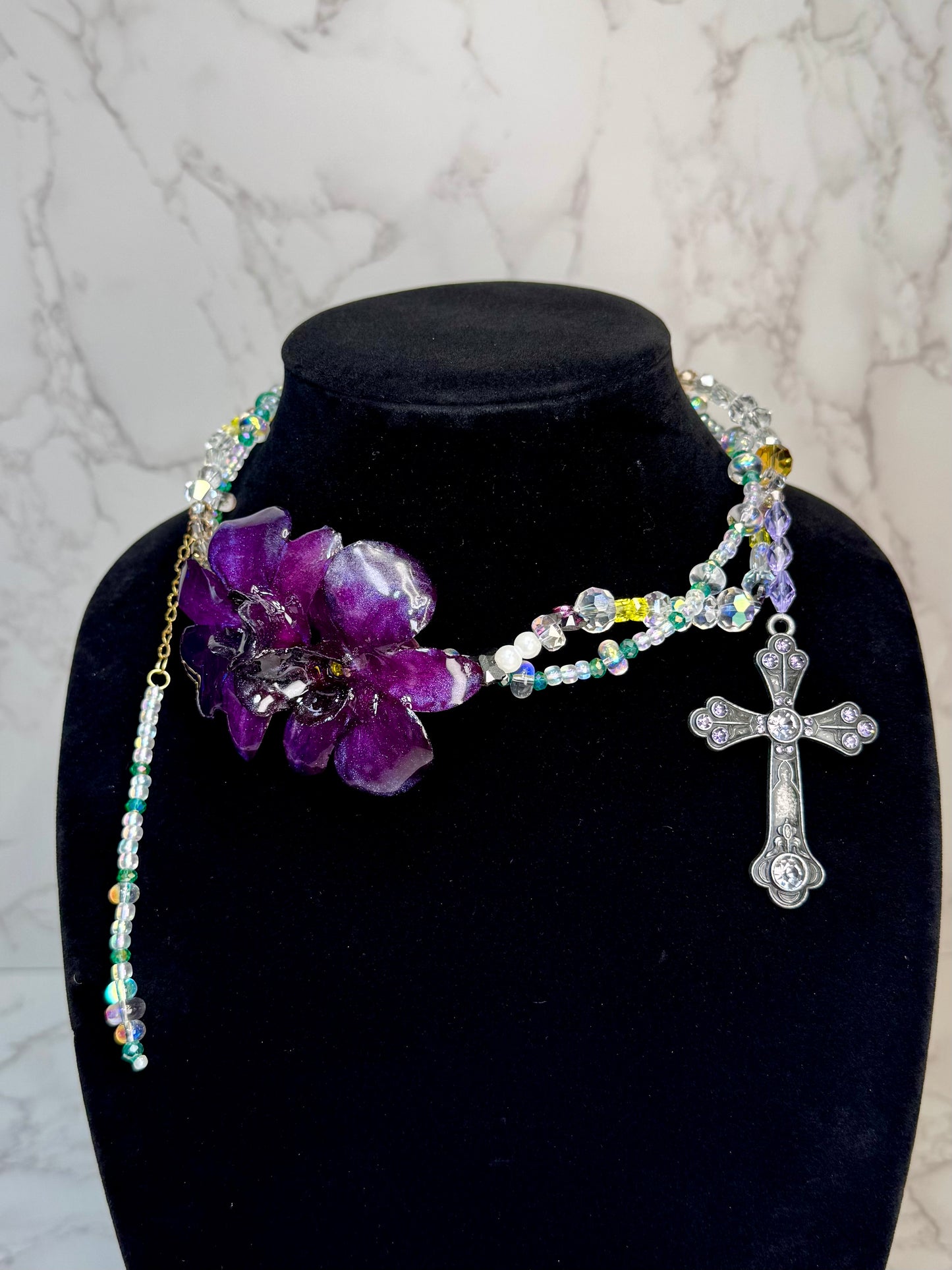 Camelia Handmade Real Mini Dark Purple Orchid Necklace | Resin Flower Jewelry | Made in USA