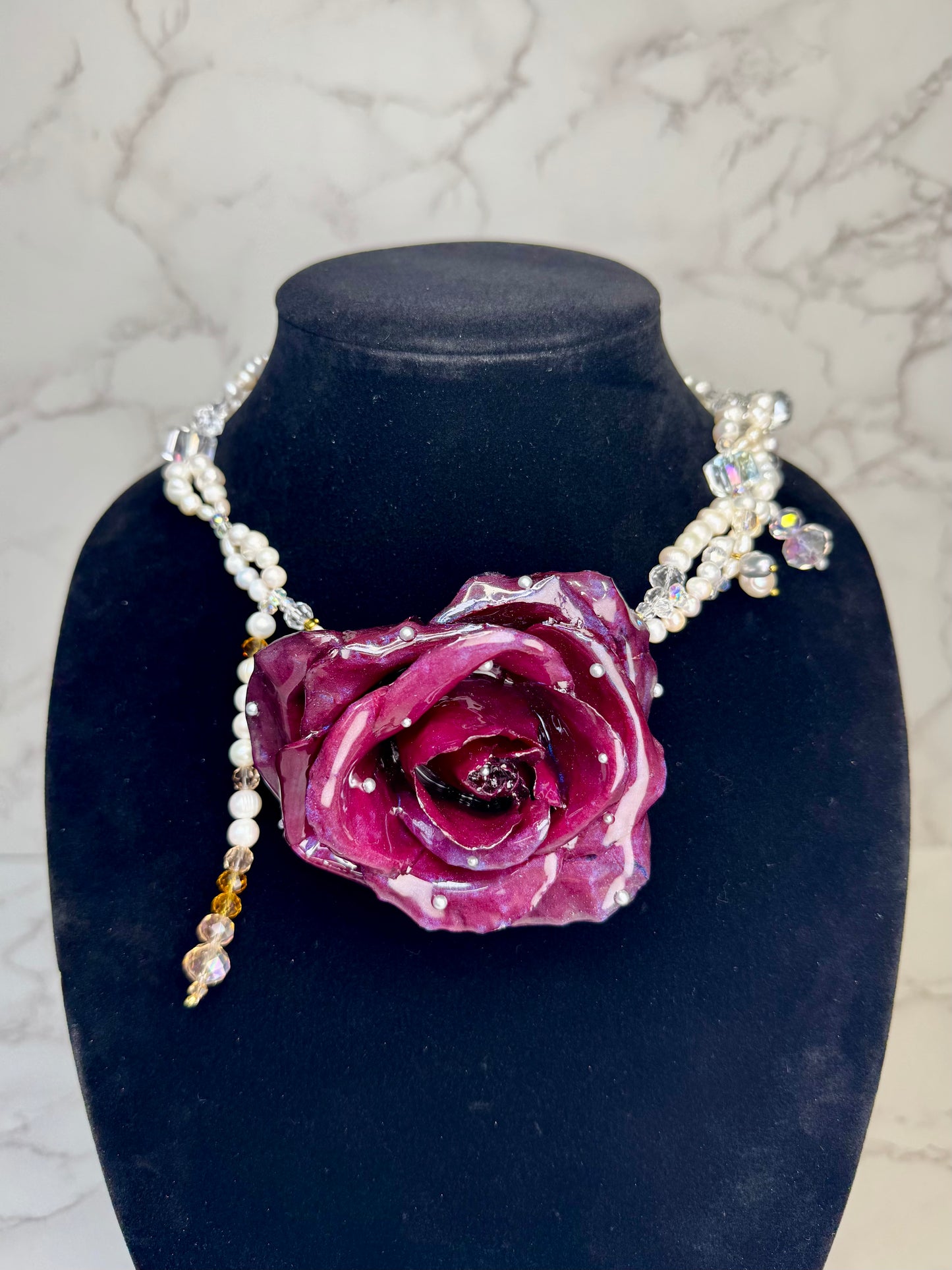 Scarlet Handmade Real Red Rose Necklace | Preserved Flower Jewelry with Freshwater Pearls & Crystal Beads | Made in USA