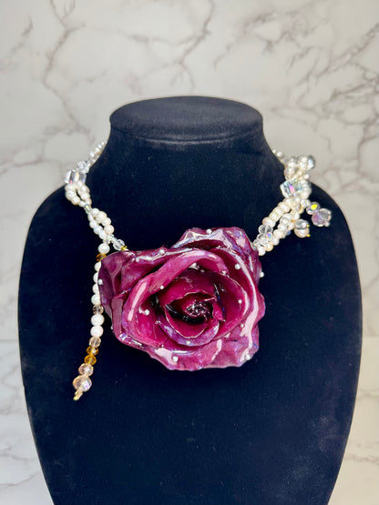 Scarlet Handmade Real Red Rose Necklace | Preserved Flower Jewelry with Freshwater Pearls & Crystal Beads | Made in USA