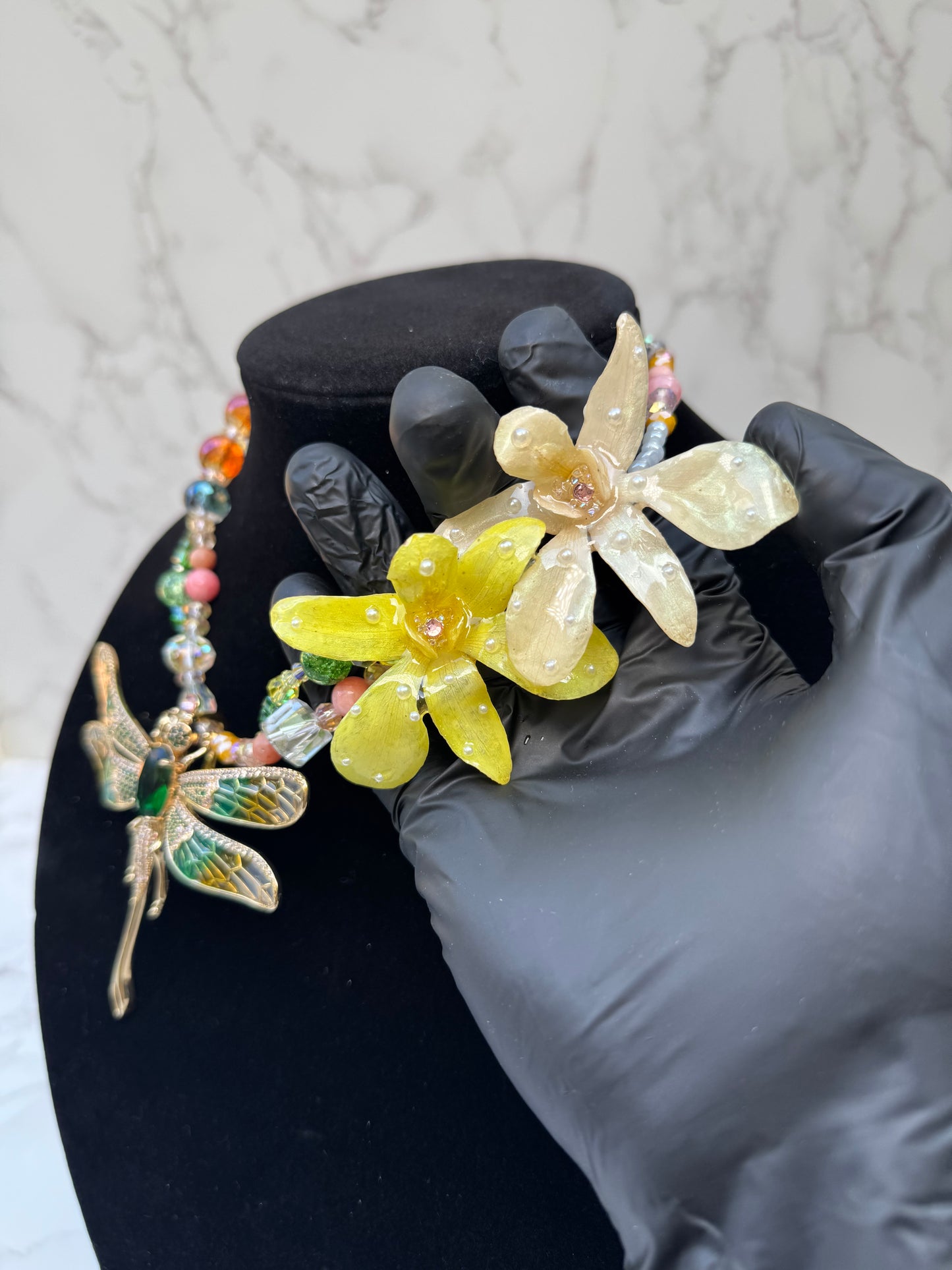 Golden Dragonfly Yellow Orchid with Dragonfly – Green & Clear Crystal Necklace | Handmade Floral Jewelry
