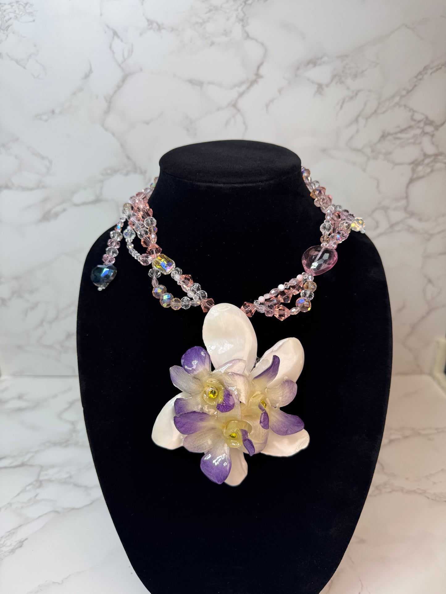 Diana Three Real Preserved Orchids & White Plumeria Necklace| Handmade Botanical Jewelry | Floral Art