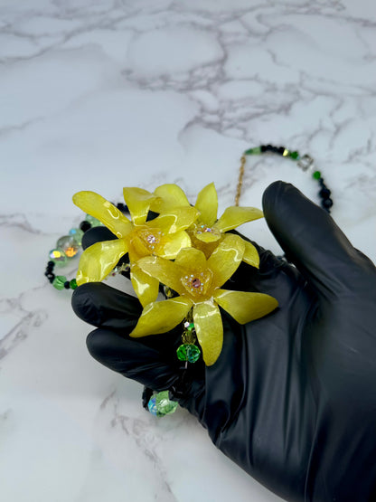 Blushing Golden Trinity Orchid Triple Mini Orchid Flower Jewelry – Necklace, Hair Clip & Brooch | Handmade Floral Jewelry