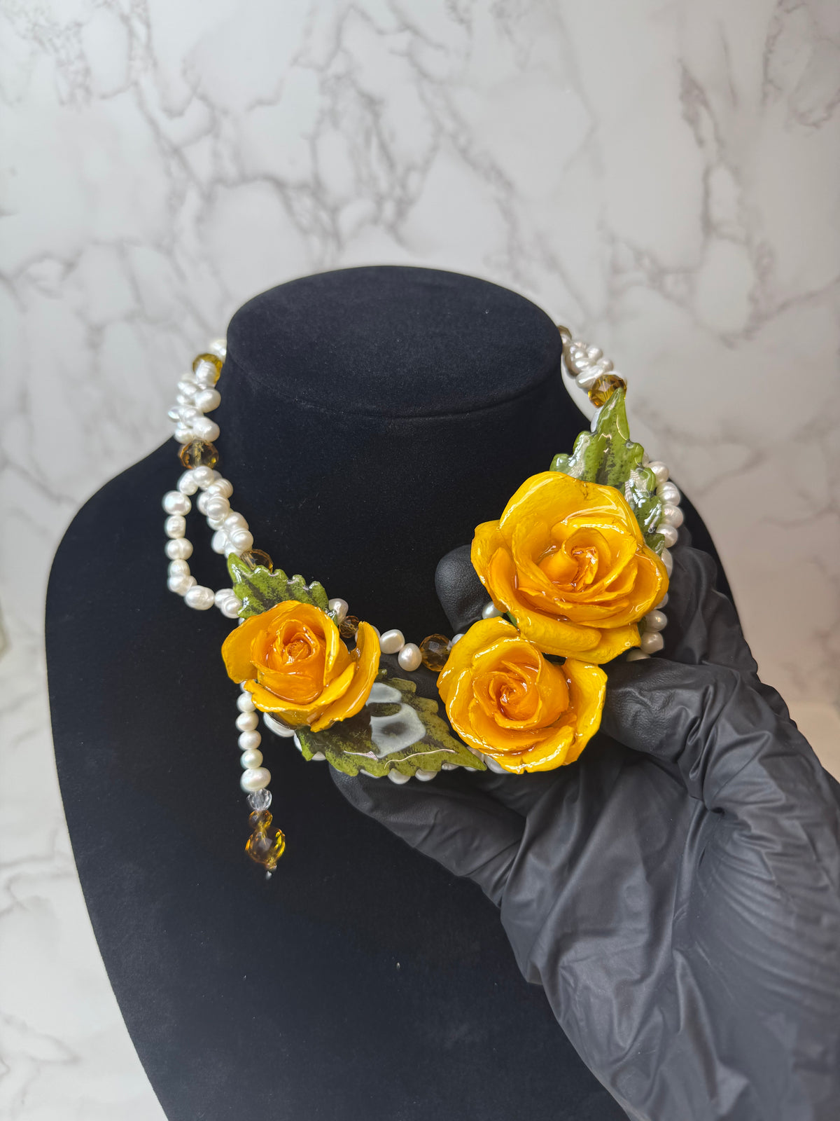 Ana Eternal Rose – Real Yellow Rose in UV Resin & Freshwater Pearl Necklace | Handmade Floral Jewelry | Made in USA