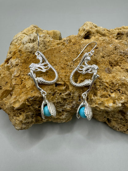 Mermaid Dangle Earrings with Pearl in the Shell for Women, Handcrafted in 925 Sterling Silver, Made in USA