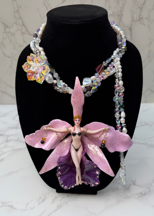 Nyx- LIMITED EDITION – NYFW EXHIBITION PIECE Real Purple and Light Pink Cattleya Orchid Necklace with Hand-Carved Female Figure, with Clear Crystals, Pink Details and Freshwater Pearls