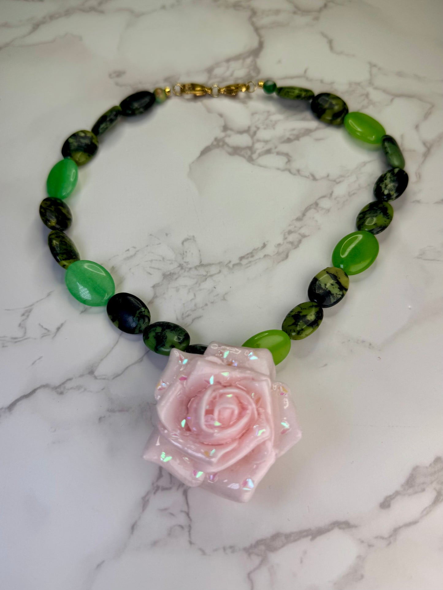 Aly Handmade Green Natural Stone Necklace with Pink Flower | Floral Pendant Jewelry | Made in USA
