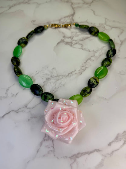 Aly Handmade Green Natural Stone Necklace with Pink Flower | Floral Pendant Jewelry | Made in USA