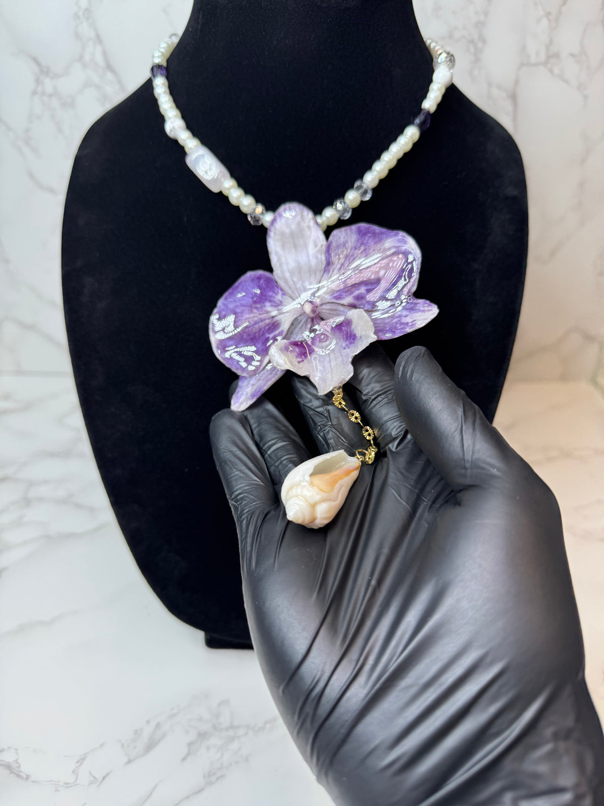 Mila  Purple & White Real Orchid Necklace | Handmade Flower Jewelry | Botanical Statement Pendant