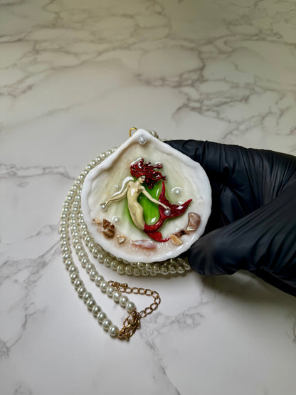 Winter Red Tail Mermaid Sea Shell Necklace – Mermaid in Shell with UV Resin