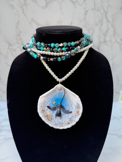 Velarion– LIMITED EDITION – NYFW EXHIBITION PIECE Handmade Natural Seashell Necklace with Giant Dark Manta Ray, Crystal and Stone Ocean Background, Translucent Black Marbled Glass Beads and Crystal Pearls