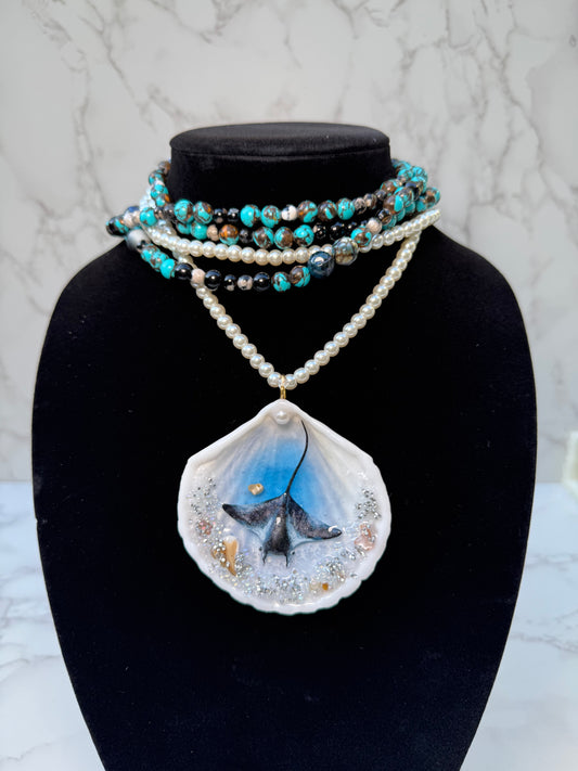 Velarion– LIMITED EDITION – NYFW EXHIBITION PIECE Handmade Natural Seashell Necklace with Giant Dark Manta Ray, Crystal and Stone Ocean Background, Translucent Black Marbled Glass Beads and Crystal Pearls