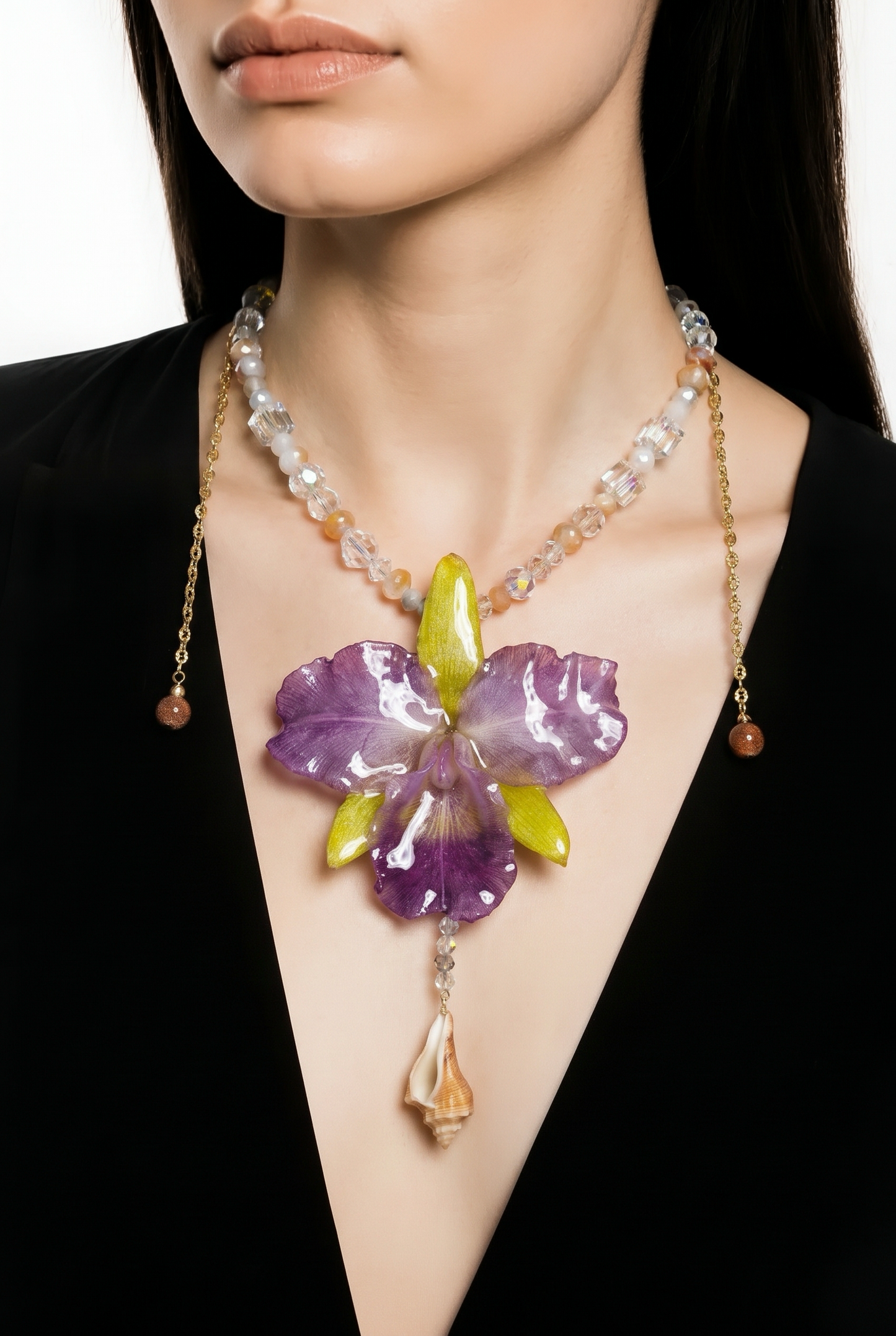 Purple & Yellow Real Cattleya Orchid Necklace | Handmade Flower Jewelry | Botanical Statement Pendant