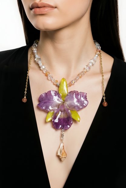 Purple & Yellow Real Cattleya Orchid Necklace | Handmade Flower Jewelry | Botanical Statement Pendant