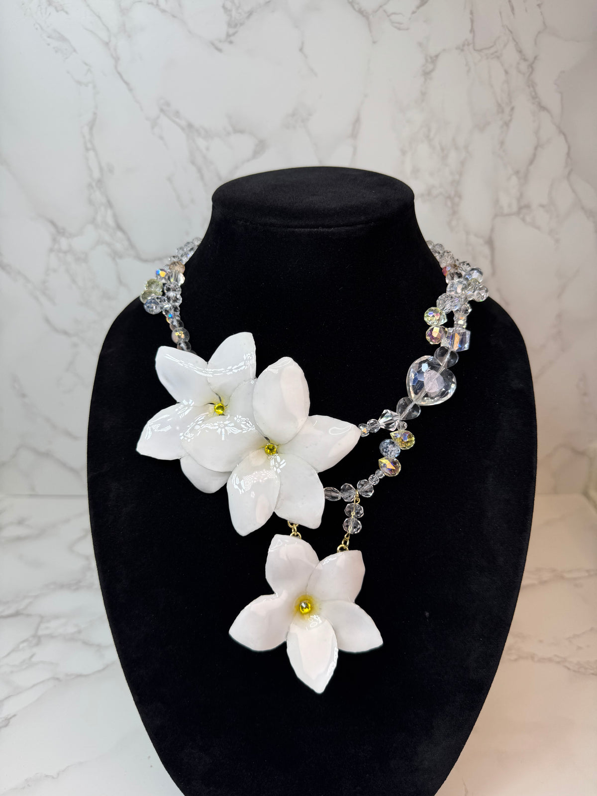 Snow Dream White Clear Flower Crystal Necklace | Handmade Floral Jewelry