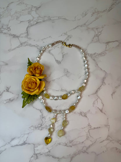 Lucia Eternal Rose – Real Yellow Rose in UV Resin & Nacar Pearl Necklace | Handmade Floral Jewelry | Made in USA