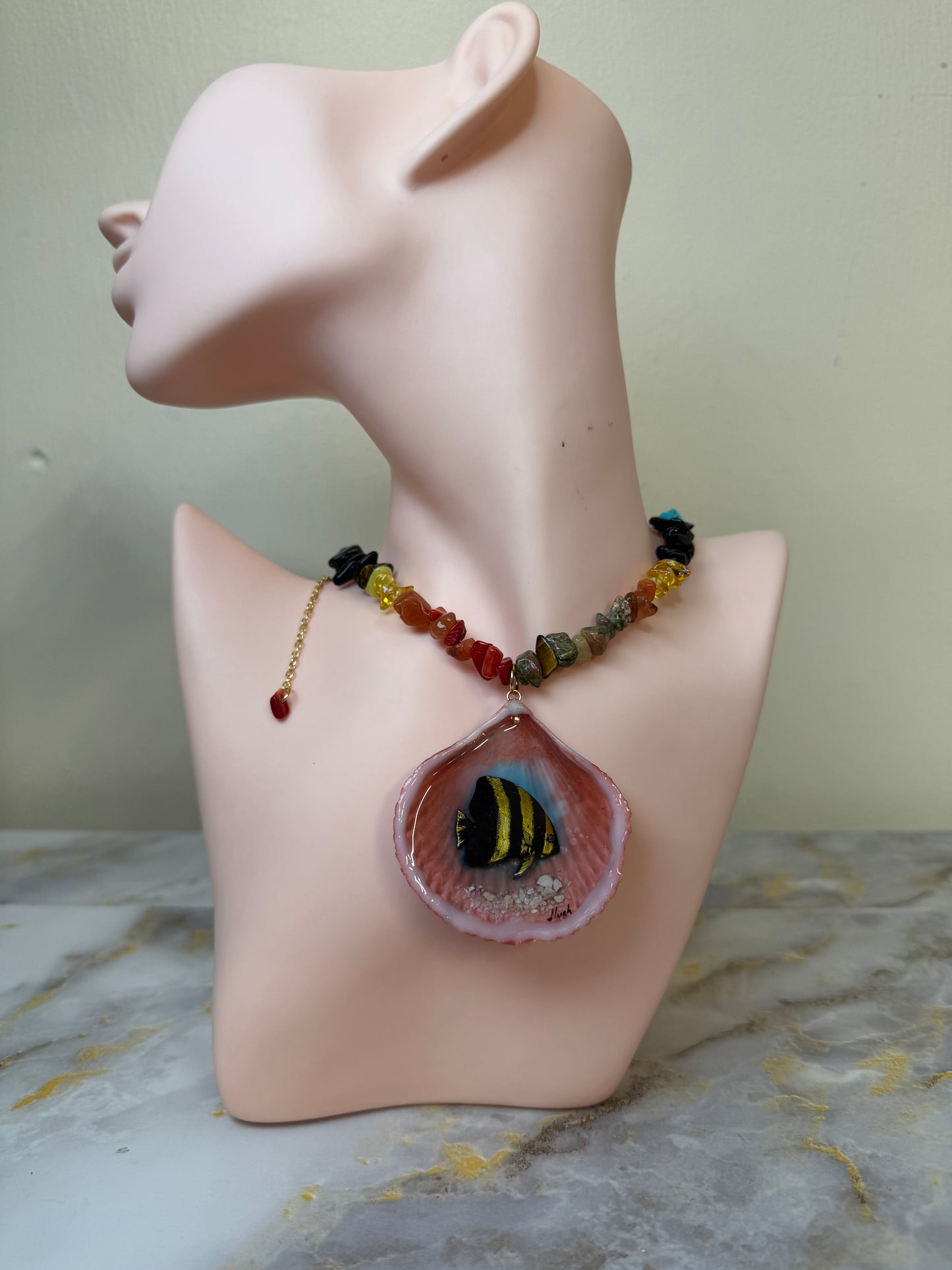 Spadefish With Colorful Glass Crystals Necklace Resin‑Encased Shell Collection Shell Necklaces, Epoxy Resin Necklace