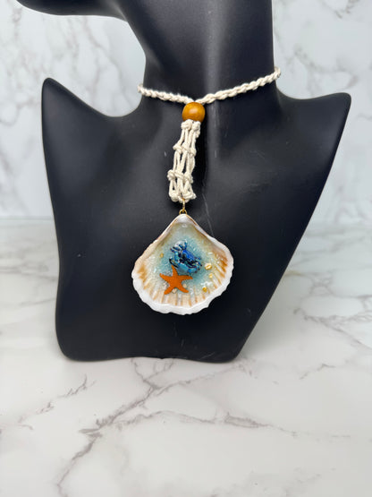 Mini Blue Sand Crab with Starfish Handmade Mini Sand Crab Necklace Encapsulated in Real Shell with UV Resin