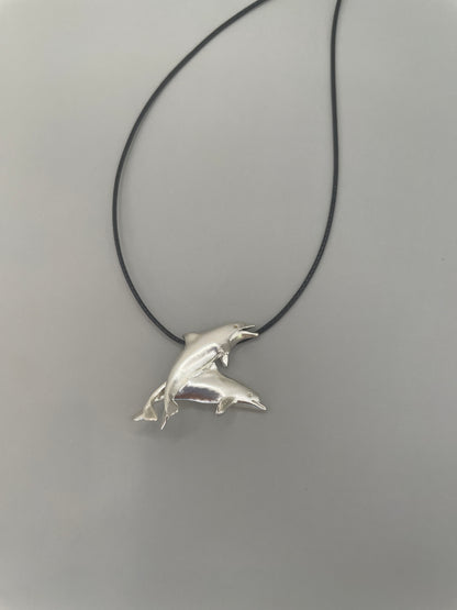 Two Swimming Dolphins Necklace – Elegant 925 Sterling Silver Pendant, Featuring Dolphins in Motion, Perfect for Ocean and Marine Life Lovers, Unique Handmade Jewelry for Sea Enthusiasts, Made in USA