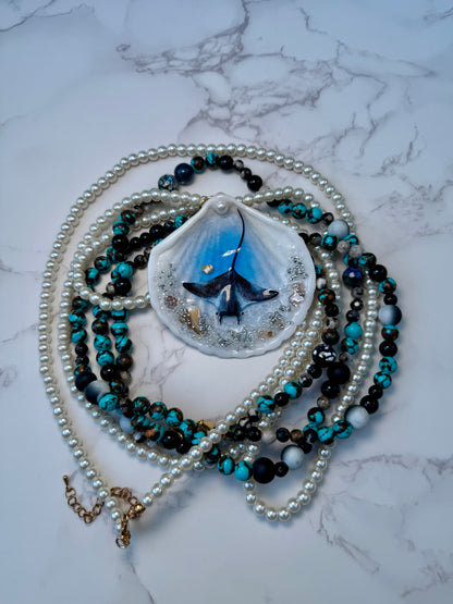 Velarion– LIMITED EDITION – NYFW EXHIBITION PIECE Handmade Natural Seashell Necklace with Giant Dark Manta Ray, Crystal and Stone Ocean Background, Translucent Black Marbled Glass Beads and Crystal Pearls