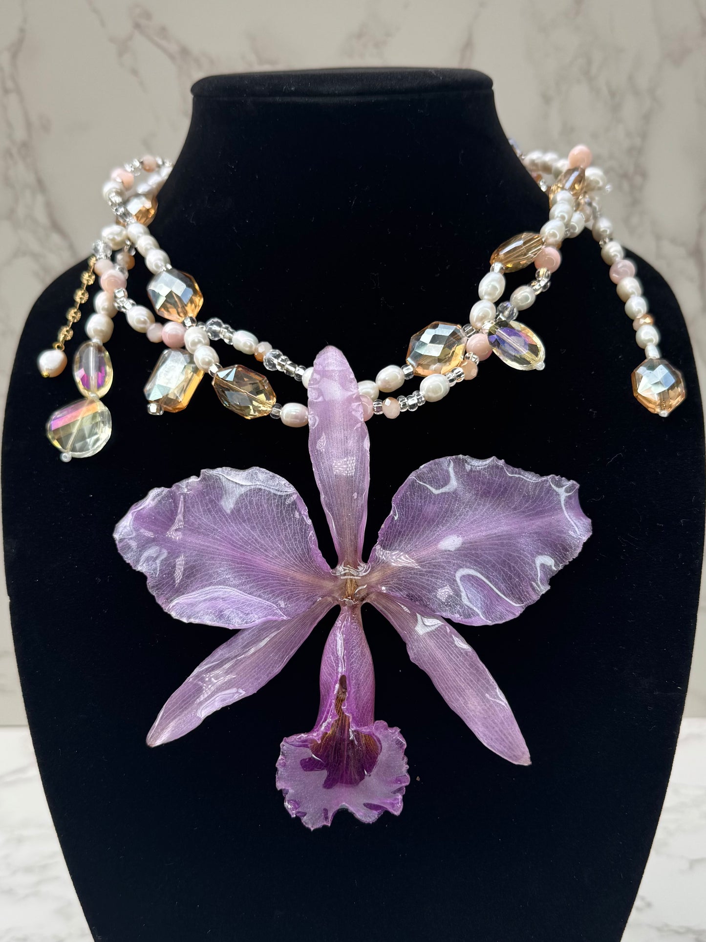 Blush Lavender Cattleya Natural Purple Cattleya Orchid Necklace – Freshwater Pearls & Crystal Beads