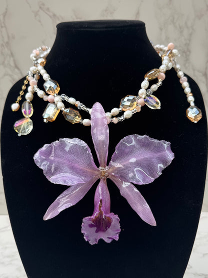 Blush Lavender Cattleya Natural Purple Cattleya Orchid Necklace – Freshwater Pearls & Crystal Beads