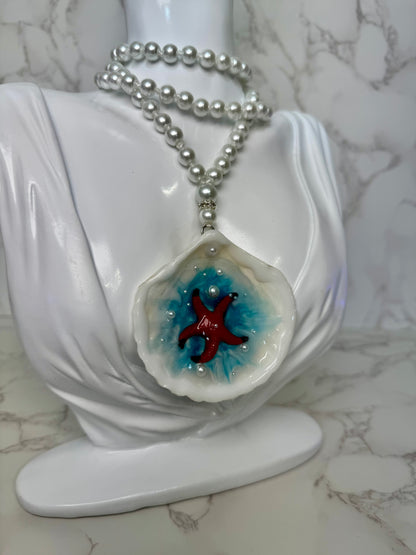 Set Beautiful Red  Handmade Red Starfish Necklace with Black Tips Encapsulated in Real Shell with UV Resin