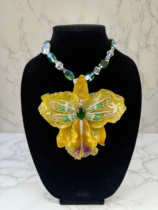 Golden Dragonfly Cataleya Yellow Cattleya Orchid with Dragonfly – Green & Clear Crystal Necklace | Handmade Floral Jewelry