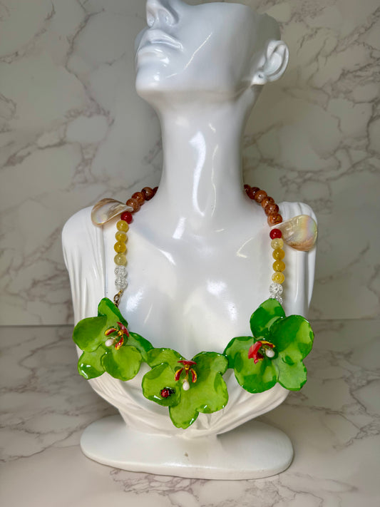 Three Green Orchids Necklace- Real Orchid Necklace – Natural Flower Preserved in Resin